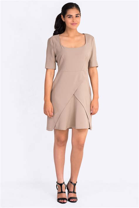 Each morilee bridesmaid dress is designed with love by madeline gardner. Square Neckline Dress with Mock Wrap Skirt in Brown - CLADDIO