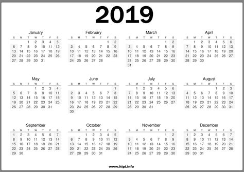 One Page Calendar 2019 Printable Printable Yearly Calendar Calendar