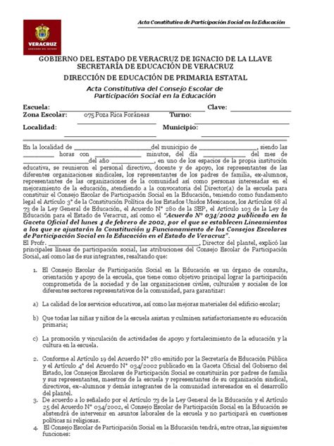 Acta Constitutiva Del Consejo Escolar De Participación Social En La