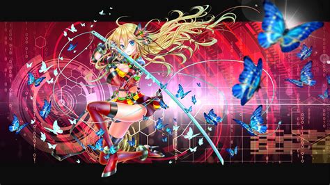 Wallpaper X Px Blonde Blue Breasts Butterfly Cleavage Eyes Gloves Hair Katana