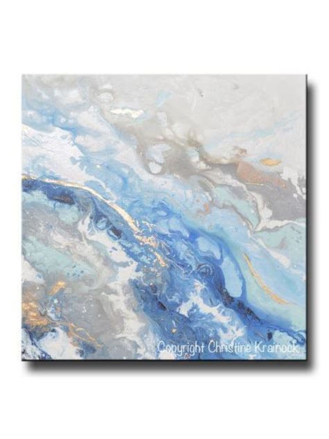 Original Art Modern Blue White Abstract Painting Marbled