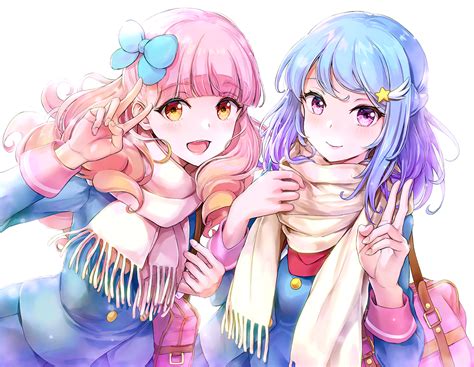2girls Aikatsu Blue Hair Blush Bow Long Hair Minato Mio Pink Hair Purple Eyes Scarf School