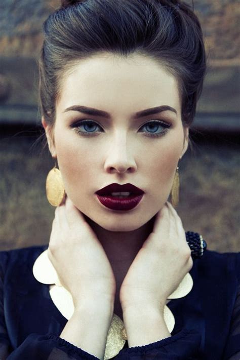 Light cool brown hair color for fair skin and hazel eyes. Dark lips, light skin, dark hair...enough said!