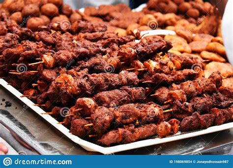 Street Junk Food Closeup View At India Superbly Delicious Shish Chicken Kabab And Bbq For Snack