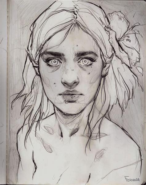 A Drawing Of A Woman With Flowers In Her Hair And Eyes Looking At The