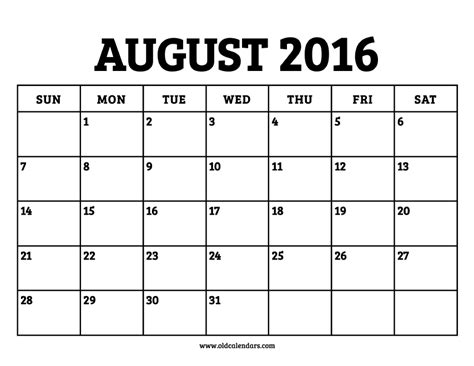 Calendar August 2016 Printable Old Calendars