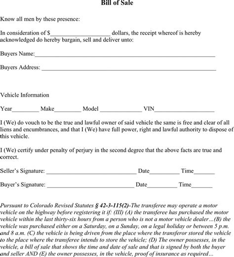 Colorado Vehicle Bill Of Sale Form 1 Bills Bill Of Sale Car Legal Forms