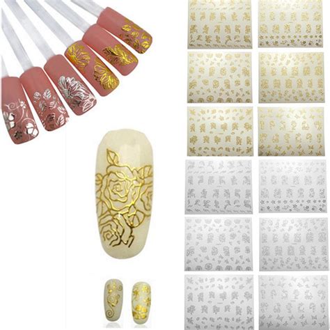 12pcs gold 3d nail art stickers decals patch metallic flowers design stickers for nails art