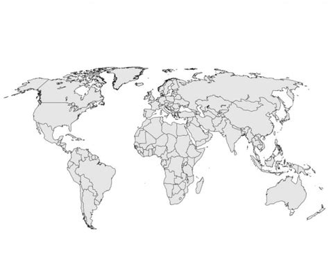 Blank World Map With Thin Black Smooth Country Borders On White