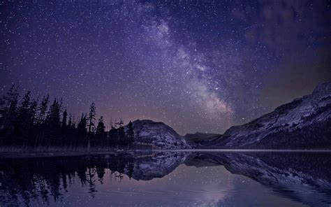 Wallpaper Mountains Forest Lake Reflection Night Stars Milky Way