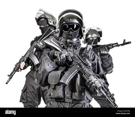 Russian Special Forces Operators In Black Uniform And Bulletproof