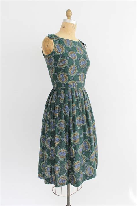 Vintage 1950s Forest Green Abstract Medallion Print Sundress 50s