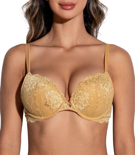 deyllo women s sexy lace push up padded plunge add cups underwire lift up bra gold 36b