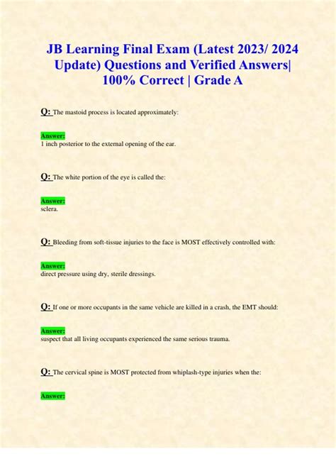 EMT FINAL-JB Learning Exam (Latest 2023/ 2024 Updates STUDY BUNDLE WITH