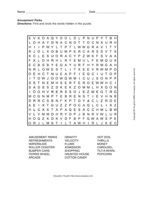 Amusement Parks Word Search Puzzle Worksheet Printable Pdf Download