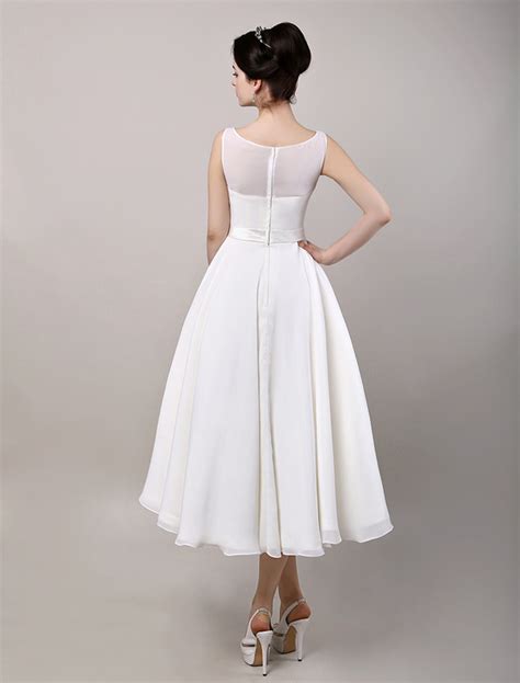 Simple Wedding Dresses Vintage Retro Chiffon Tea Length Bridal Dress