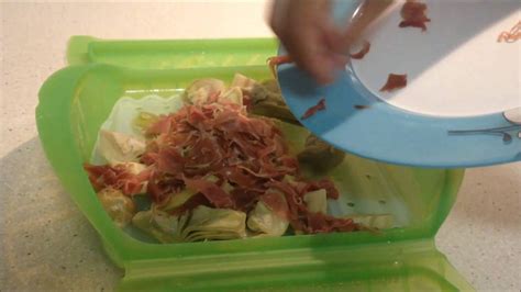 Cuando estén dorados sofreír el jamón cortado en tiras. Alcachofas con jamón en estuche de vapor Lekue - YouTube