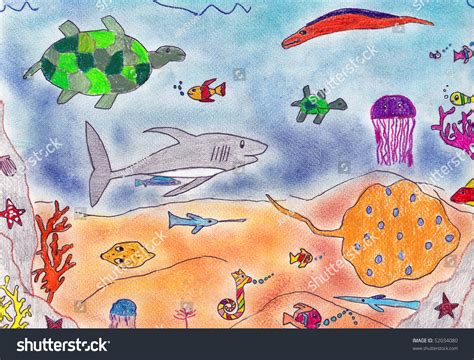 Child Drawing Life Under Sea Pencil Stock Illustration