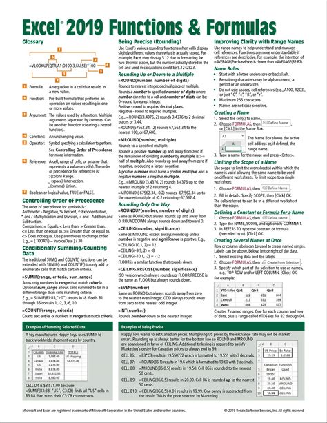 Microsoft Excel 2016 Functions And Formulas Quick Reference Card 4 Page