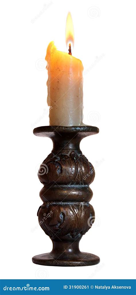 Burning Old Candle Vintage Bronze Candlestick Stock Image Image