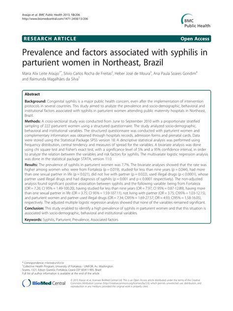 Pdf Prevalence And Factors Associated With Syphilis In Parturient