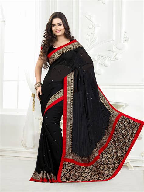 Black With Red Golden Embroidery Border Designer Partywearsaree