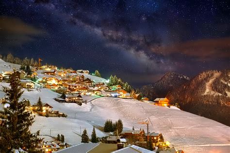 Winter Mountain Sky Night Star Snow Town Lights House