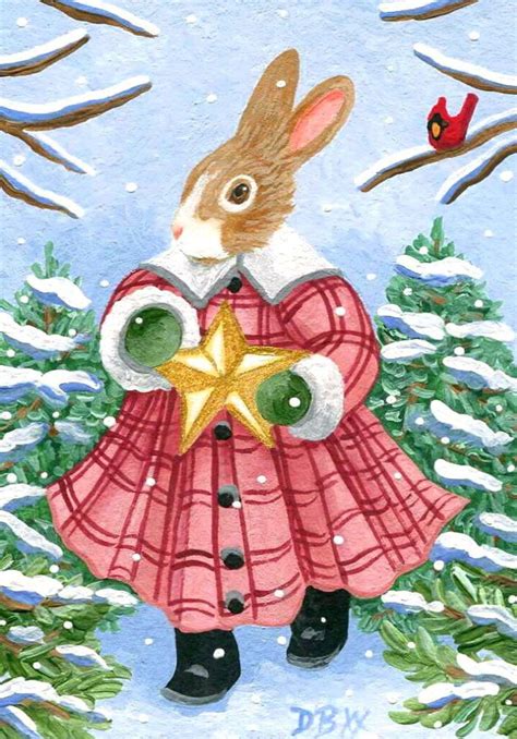 Aceo Original Art Painting Christmas Star Bunny Rabbit Animal Cardinal