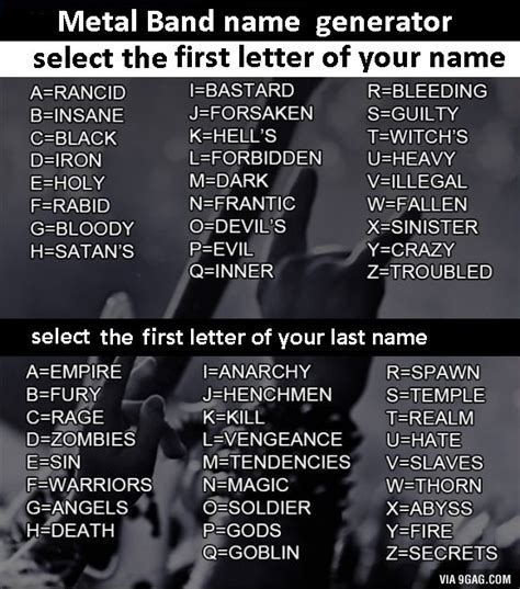 Metal Band Name Generatorselect The First Letter Of Your 9gag Funny