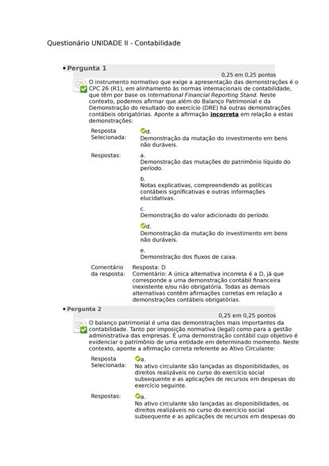 Contabilidade Unid 2 Questionário UNIDADE II Contabilidade