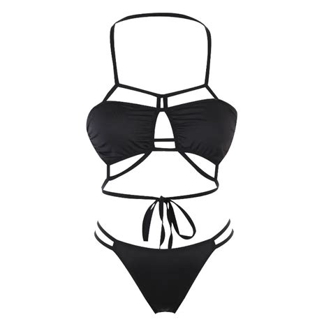 Hot Sale Sexy Women Stiped Black Bikini Set Bandage Sexy Padded Summer