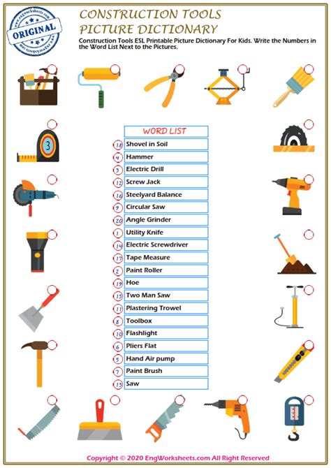Construction Tools Esl Printable Picture Dictionary Worksheet For Kids