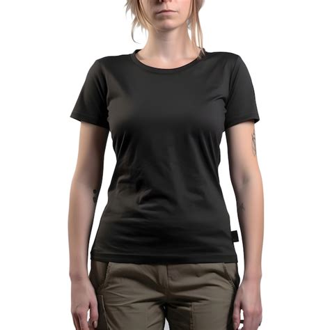 Blank Black T Shirt Mockup On A Female Model Isolated On White
