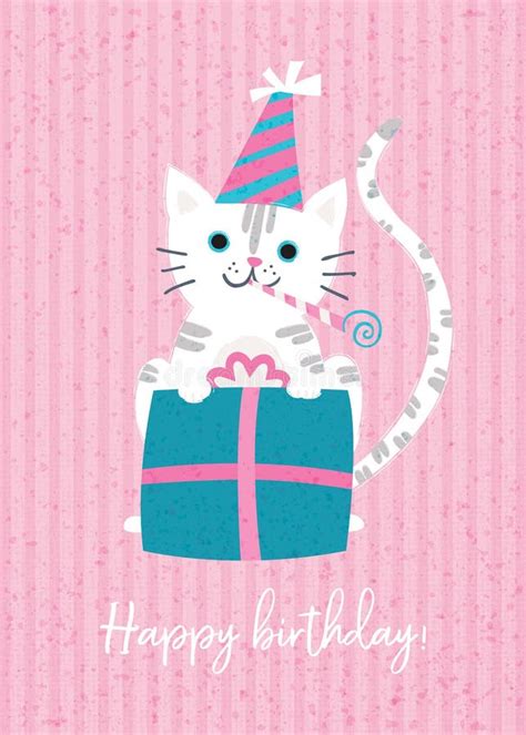 Birthday Card Cute White Cat With T Box And Party Hat On White