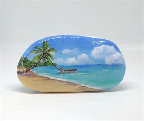 Tropical Beach Painted Rocks Painted Stone Paperweight Art Etsy