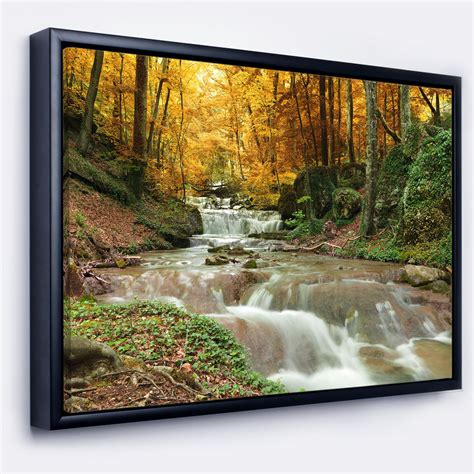 Designart Forest Waterfall With Yellow Trees Large Landscape Framed
