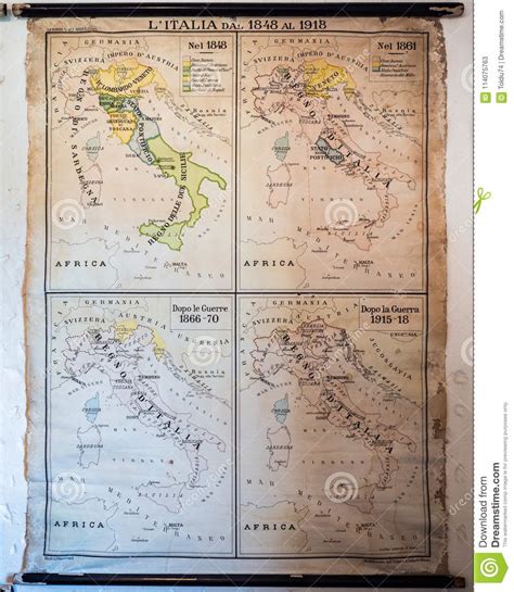 Vintage Geographical Map Of Italy With The Borders From 1848 To Stock