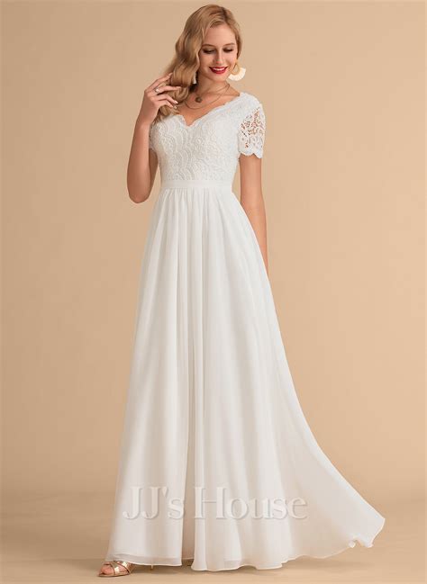 A Line V Neck Floor Length Chiffon Lace Wedding Dress Jj S House