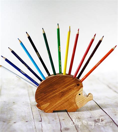 Wooden Hedgehog Pencil Holder {Handmade Gift} | Skip To My Lou Animal wooden plastic clipboard pencil holder.