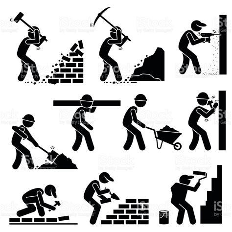 Set Of Vector Stick Man Pictogram Representing Builders And