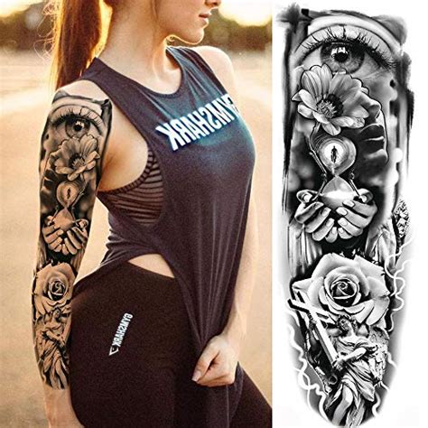 11 sheets nezar sexy big rose flower full arm temporary tattoos for women compass clock fake