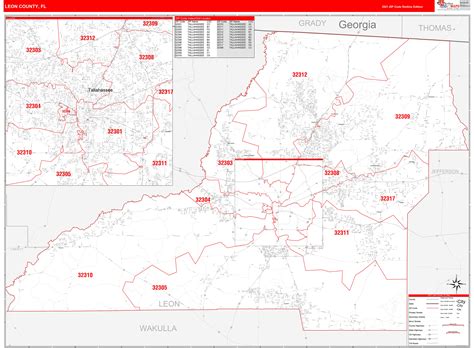 Leon County, FL Zip Code Wall Map Red Line Style by MarketMAPS
