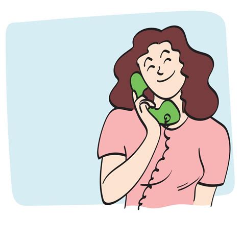 Line Art Woman Using Retro Grren Telephone On Blank Blue Space