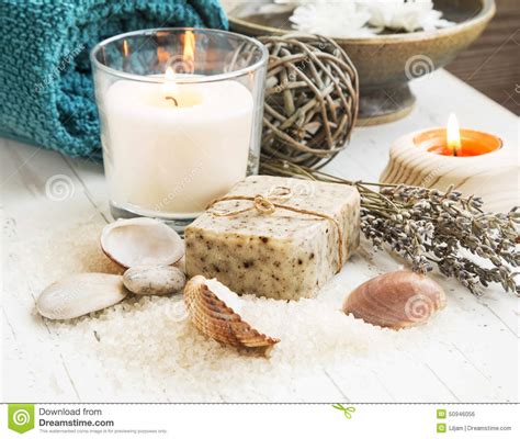 Spa Seashells Setting With Natural Soap And Candle Stock ...