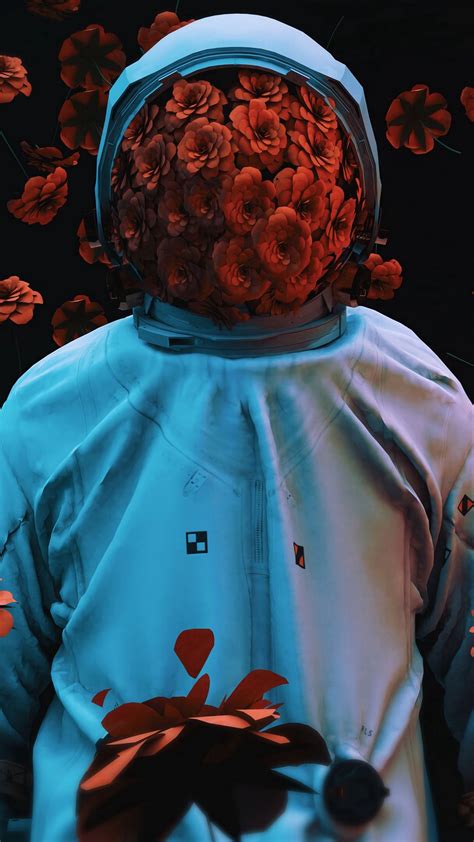 Download Wallpaper 1080x1920 Astronaut Flowers Spacesuit Gravity 3d