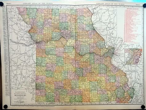 State Of Missouri 1912 Rand Mcnally Color Map W Railroads