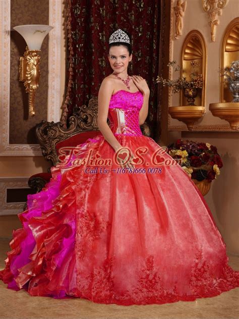 Ball Gown Strapless Ruffles And Beading Embroidery Red Sweet 16 Dresses