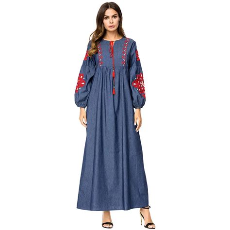 Muslim Plus Size New Vintage Embroidery Maxi Dress Abaya Kimono Loose