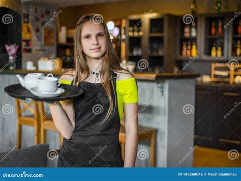 Portrait Young Waitress Standing In Cafe Girl The Waiter Holds In