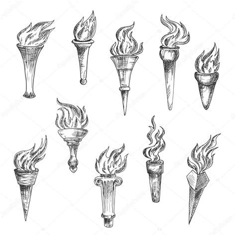 Antique Flaming Torches Sketches Set Stock Vector Image By ©seamartini